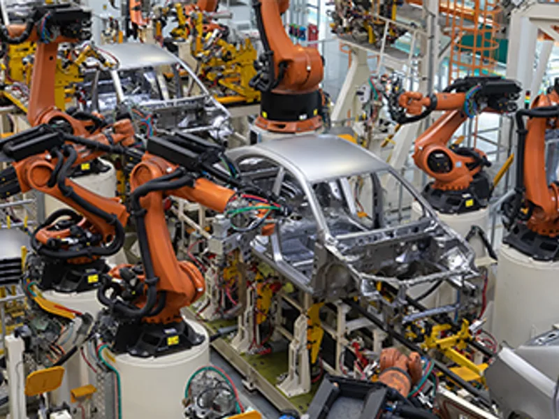 Braços robóticos em linha de montagem automotiva
